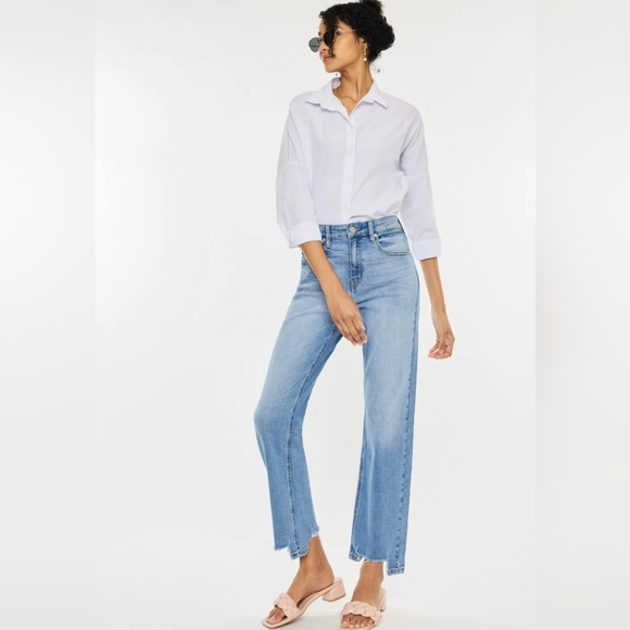 KanCan High-Rise Waist Distressed Raw Hem Wide Straight Leg Mom Denim Jean Pants - Picture 4 of 14